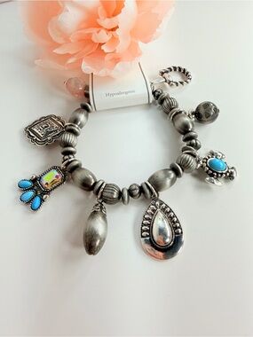 Silver-Tone Charm Bracelet with Turquoise Accents